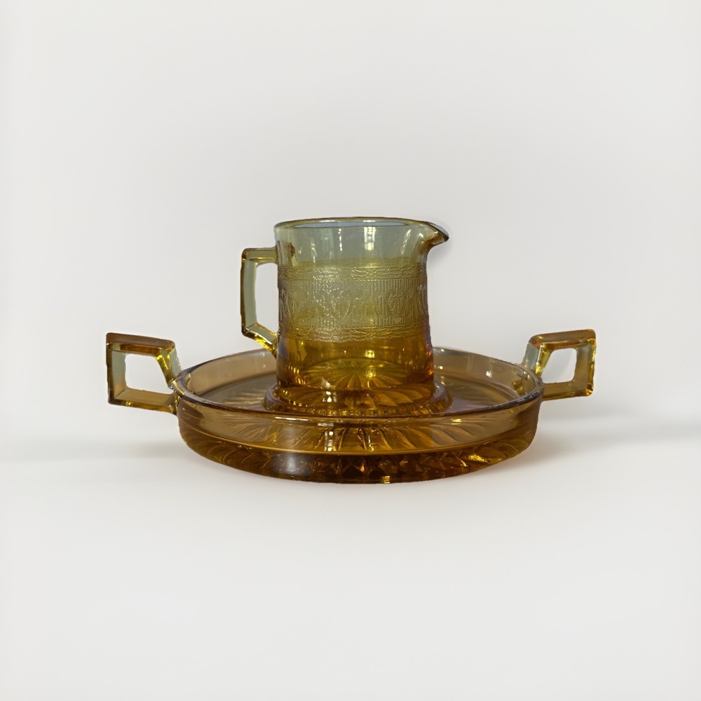 Art Deco Vintage Amber Glass Creamer & Underplate Sugar Tray Gold Trim